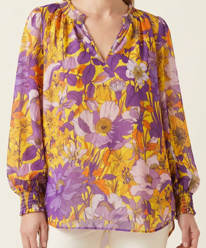 12mm 100% Silk Chiffon Floral Print Smocked Blouse