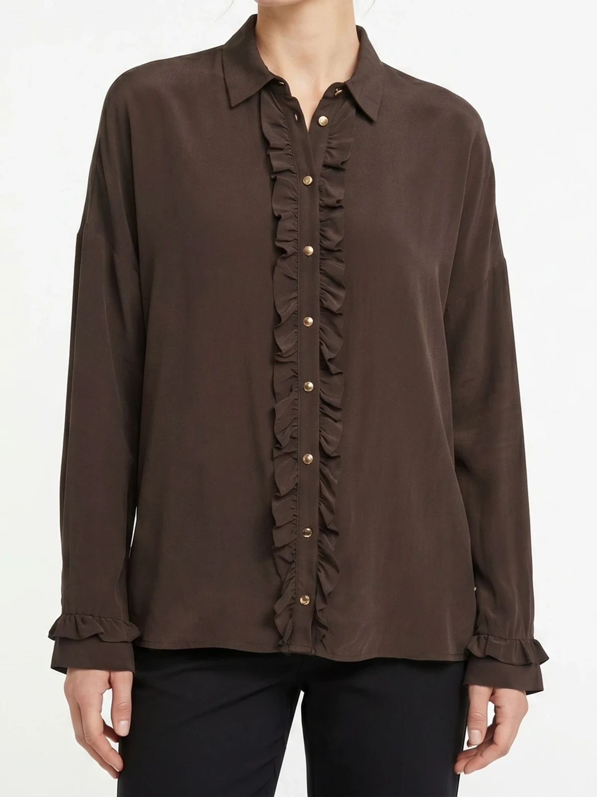 16mm 100% Silk CDC Sand-Washed Ruffle-Front Shirt